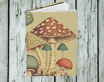May include: A vintage style notebook cover with a beige background and an illustration of four mushrooms. The mushrooms are red, brown, and green with white spots. The notebook cover is perfect for nature lovers and artists.