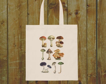 Mushroom Tote Bag, cottagecore tote with vintage mushroom design, mushroom market tote, book tote bag, mushroom garden tote