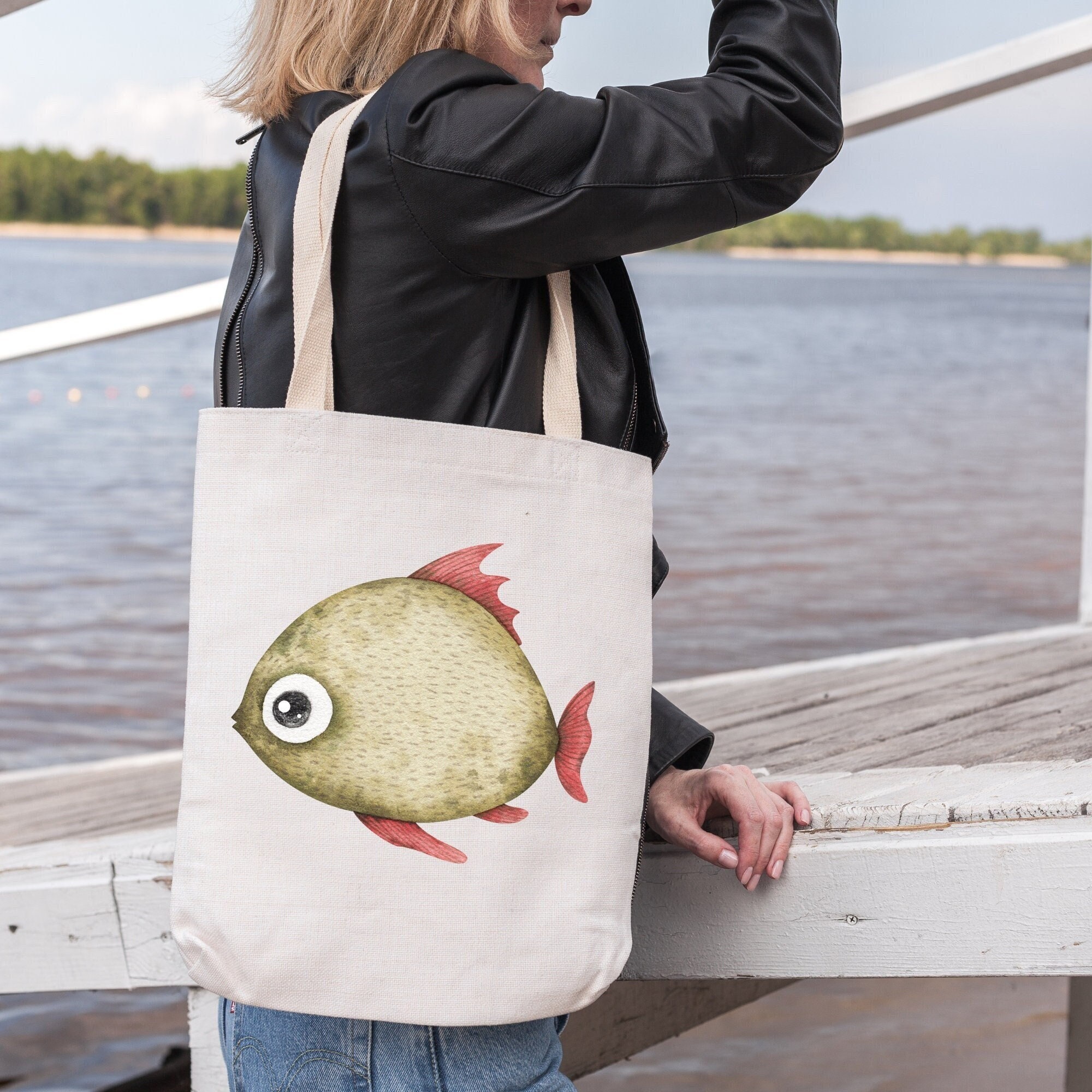 Fish Tote Bag, Basic Canvas Beach Tote With a Fun Big Eyed Fish