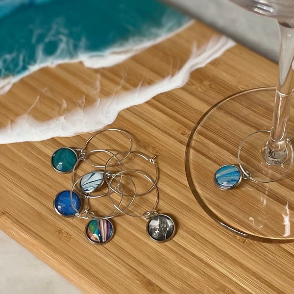 Wine Glass Charms, Set of 6, all Unique in Various Colors to Make Your Glass Stand Out, Fluid Art Pour