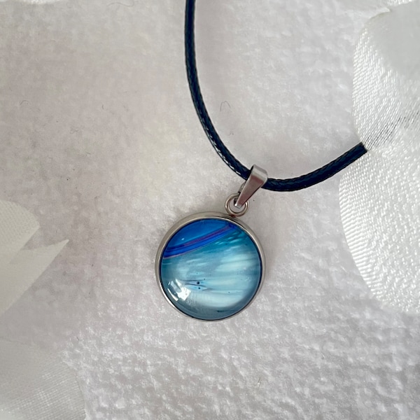 One-of-a-kind Blue Pendant Necklace, Fluid Art Pendant, Paint Pour Jewelry, Acrylic Art Pour, Cord or Chain Necklace Choices, Boho Necklace