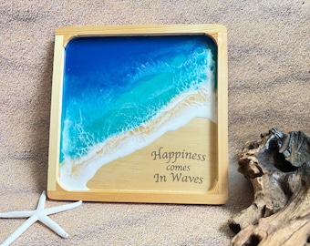 Ocean Wave Resin Art: Coastal Wooden Beach Sign - Happiness Comes in Waves