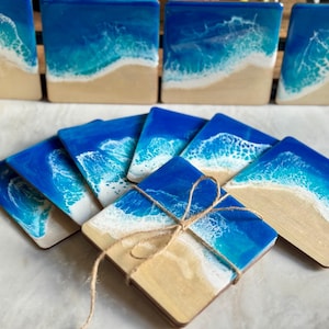 Handmade Ocean Coaster Set, Wooden Beach Coasters, Nautical Coastal Decor, Housewarming Hostess Gift