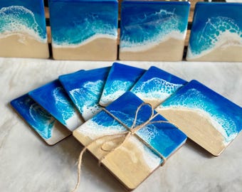 Handmade Ocean Coaster Set, Wooden Beach Coasters, Nautical Coastal Decor, Housewarming Hostess Gift