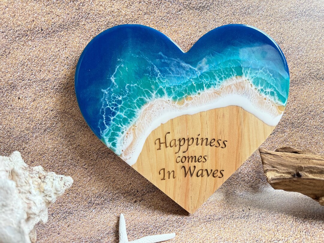Ocean Wave Wall Art, Wooden Heart Beach Sign, Happiness Comes in Waves ...