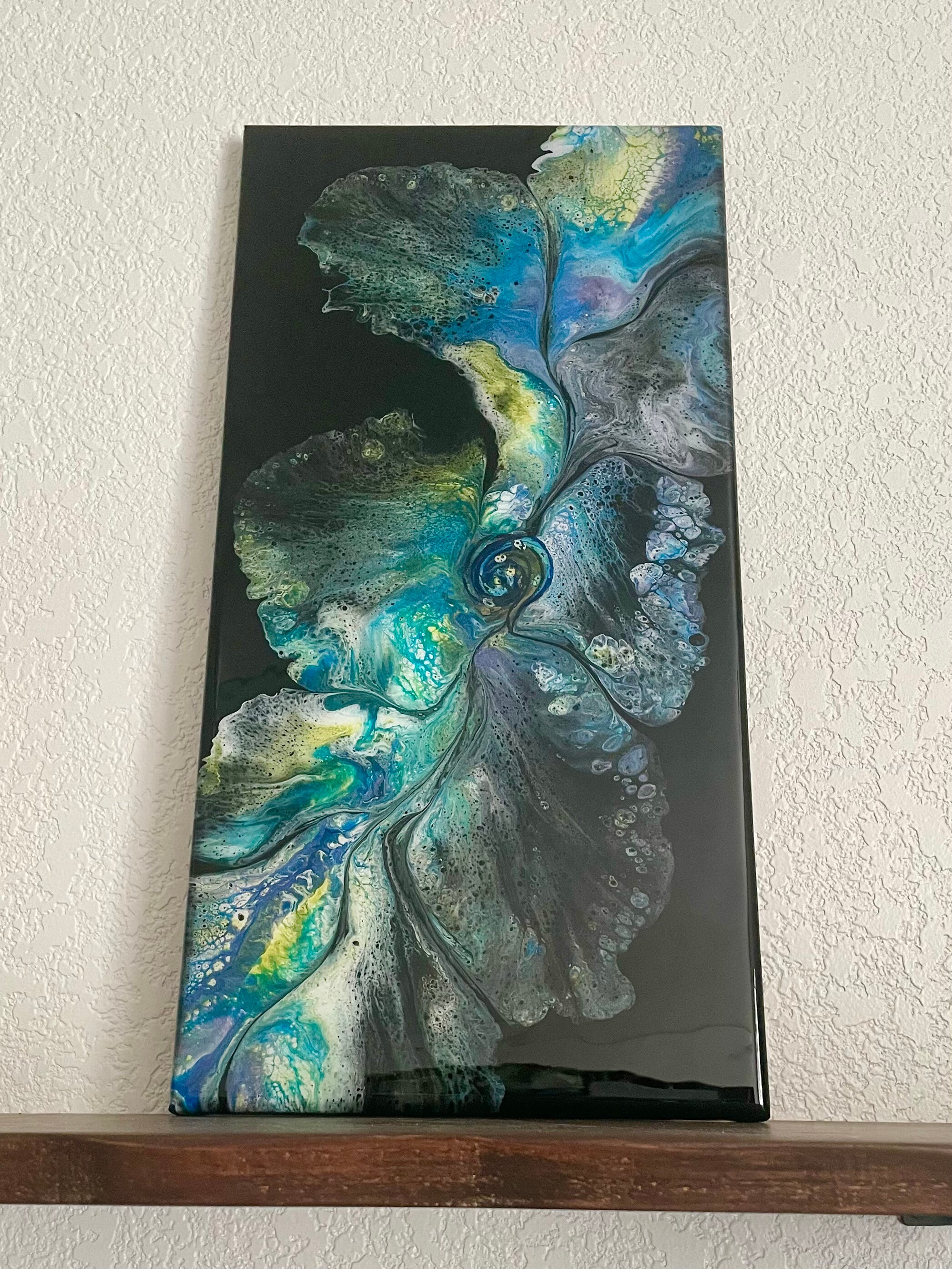 Abstract Floral Dutch Pour Painting: Iridescent Fluid Art on Black ...