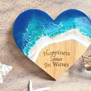 Ocean Wave Wall Art, Wooden Heart Beach Sign, Happiness Comes in Waves Handmade Coastal Art, Student Gift Dorm Decor, Coastal Christmas