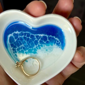 Ocean Wave Ring Dish, Beach Jewelry Dish, Wedding Ring Gift, Anniversary Gift for Her, Coastal Trinket Tray, White Heart Ceramic Small Dish