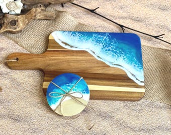 Cutting Board Set With Coasters  for Beach Lovers, Resin Ocean Waves Charcuterie Board, Coastal Home Decor Gift, Beach House Homeware
