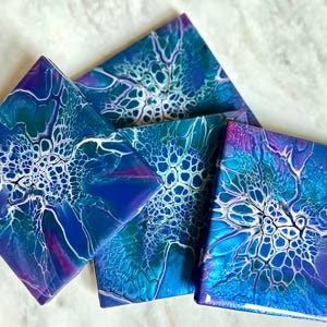 Painted Coaster Set, Colorful Fluid Art Home Decor, Housewarming Gift, Realtor Closing Gift, Wedding Gift, Anniversary Gift, Gift for Her
