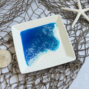 Ocean Inspired Trinket Tray, Tropical Beach Jewelry Dish, Wedding Ring Dish Anniversary Gift for Her, Coastal Home Decor White Ceramic