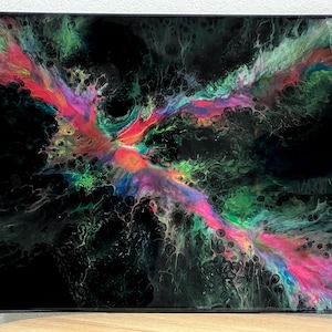 Dipinto originale astratto fluido in tagli di colori vivaci su tela di grandi dimensioni 16 x 20 pollici