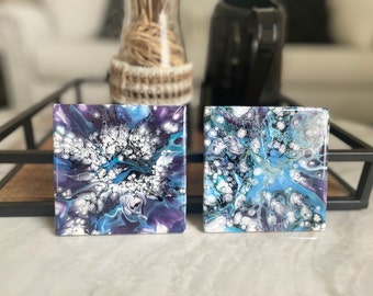 Ceramic Acrylic Pour Coaster Set of 2 Abstract Paint Pour Fluid Art Drink Coaster Glossy Heat Resistant