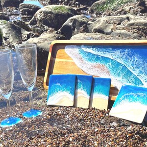 Resin Ocean Wave Serving Tray Set: Acacia Wood Coastal Decor