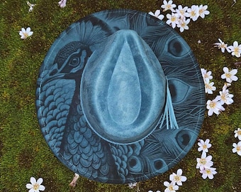 Custom Laser Engraved Vegan Suede Wide Brim Hat: Peacock