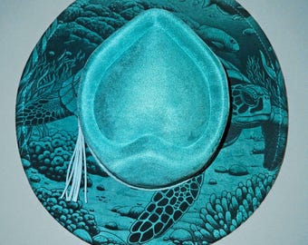 Custom Laser Engraved Vegan Suede Wide Brim Hat: Sea turtle