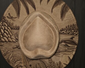 Custom Laser Engraved Vegan Suede Wide Brim Hat: dolphins and dragonfly