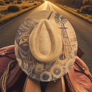 Custom Laser Engraved Vegan Suede Wide Brim Hat: Highland and Sunflowers