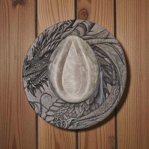 Custom Laser Engraved Vegan Suede Wide Brim Hat: Dragon