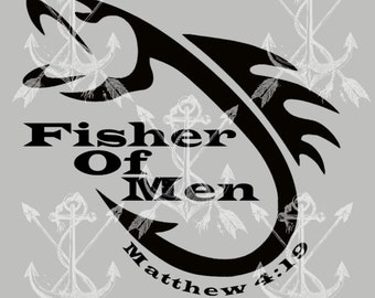 May include: A gray graphic design featuring a large black fish hook shape with the words "Fisher Of Men" in bold black letters. The text "Matthew 4:19" is below. Faint white anchor designs are in the background.