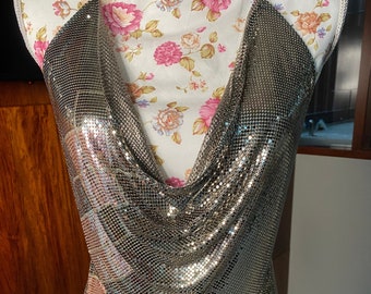 Whiting & Davis 70s/80s vintage metal mesh halter neck top. Silver and Pink Disco fashion. Rare  One size. Backless.