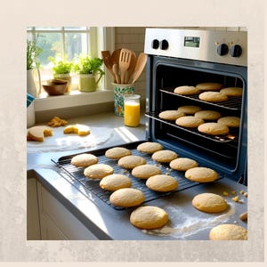 May include: A close-up of a baking tray filled with golden brown biscuits. The biscuits are arranged in rows on a wire rack. The biscuits are in an oven, which is open and the door is propped open. The oven is stainless steel with a black interior. There are wooden spoons and a glass jar with orange juice in the background.