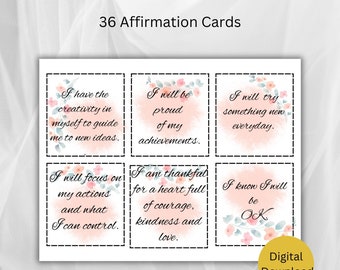 May include: A set of 36 printable affirmation cards with watercolor floral designs. The cards feature positive affirmations such as "I have the creativity in myself to guide me to new ideas." and "I will focus on my actions and what I can control."