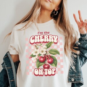 Trendy Retro Cherry Shirt, Vintage Inspired Cherries Tshirt for Women, Cherry On Top Gift For Her, Fun Pink Aesthetic Crewneck Tee