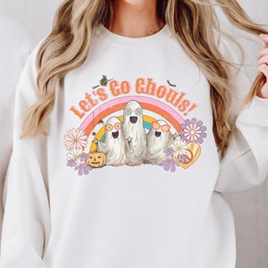 Laten we Ghouls Sweatshirt gaan | Retro roze spook Halloween trui met ronde hals voor het griezelige seizoen