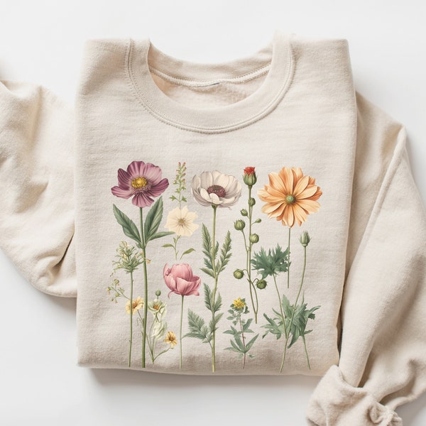 Cottagecore Flowers Sweatshirt, Botanical Flowers Sweater, Gardening Aesthetic Shirt, Light Academia Floral Sweater