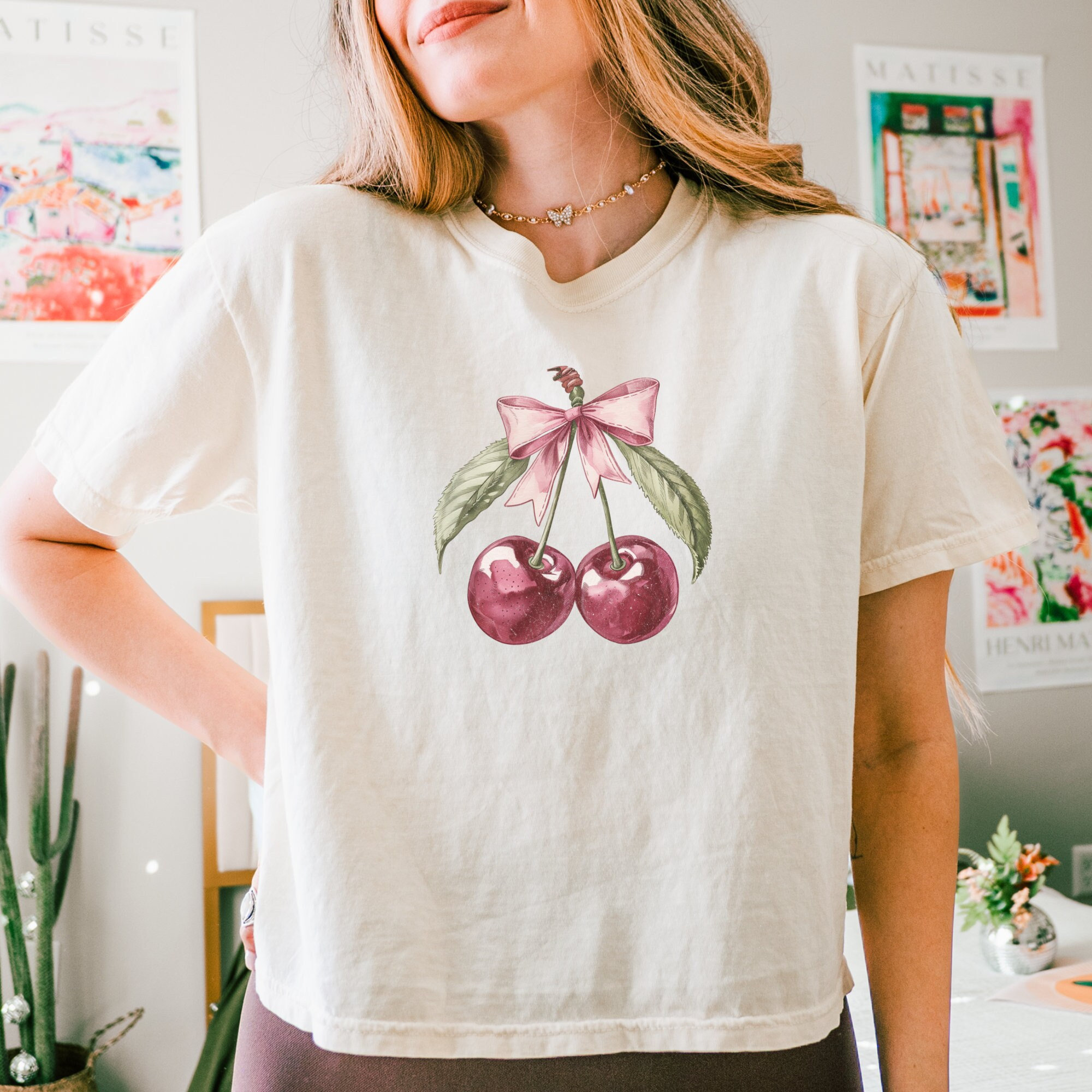 Women's Coquette Crop Top, Cherry Boxy Tee, Ribbon Bow Top, Cherries and Bow Shirt, Pretty Coquette Clothing, Perfect Gift for Best Friend