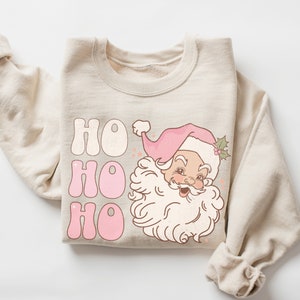 Retro Pink Santa Christmas Sweatshirt Gift for Her - Festive Pastel Vintage Ho Ho Ho Sweater