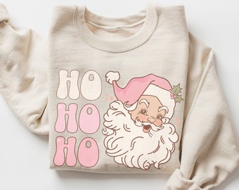 Retro Pink Santa Christmas Sweatshirt Gift for Her - Festive Pastel Vintage Ho Ho Ho Sweater