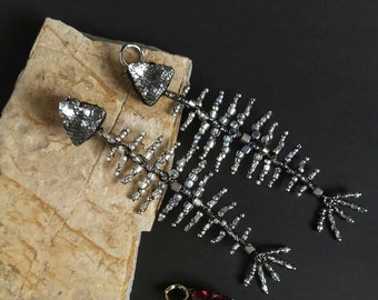 Handmade Fish Skeleton Earrings, Fishbone Dangle silver color Earrings, fun jewelry earrings gift, unusual gift earrings