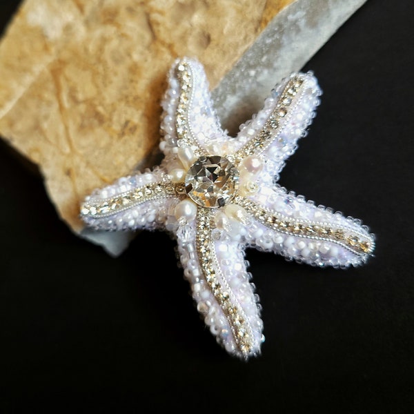 Starfish White Handmade Beaded Brooch pin, marine jewelry summer birthday gift, sealife summer beach accessories