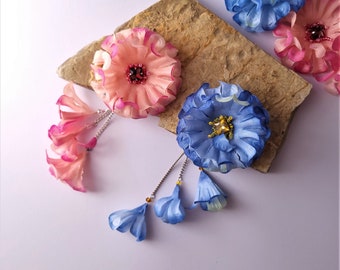 Pink Blue Flower Dangle 3 in 1 Handmade Earrings, large flower summer earrings, transformer jewelry pink earrings gift, fun summer earrings