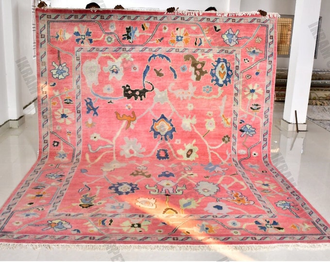 Oushak Rug Hand Knotted 8x10, 9x12, 10x14, Wool Traditional Blue and Ivory Vintage Antique Oushak Wool Area Rug, Living Room Rug