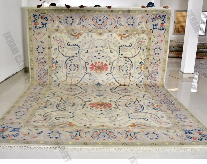 Oushak Rug Hand Knotted 8x10, 9x12, 10x14, Wool Traditional Blue and Ivory Vintage Antique Oushak Wool Area Rug, Living Room Rug