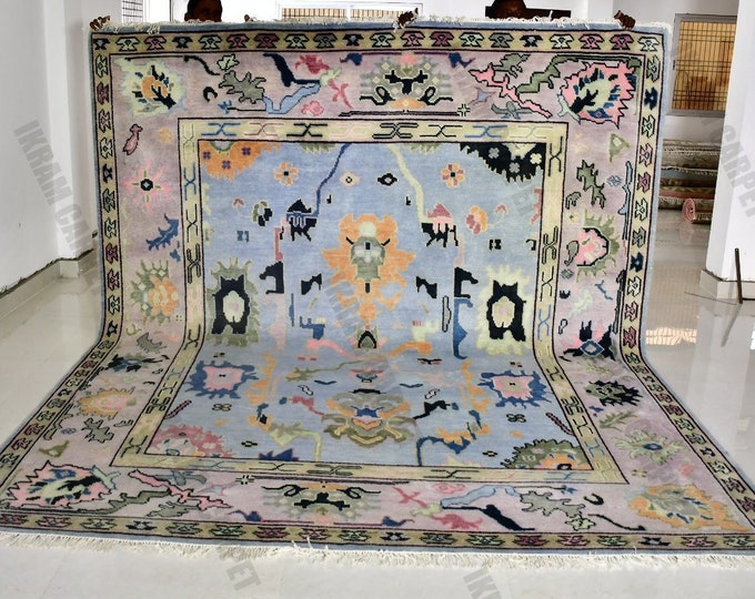 Oushak Rug Hand Knotted 8x10, 9x12, 10x14, Wool Traditional Blue and Ivory Vintage Antique Oushak Wool Area Rug, Living Room Rug