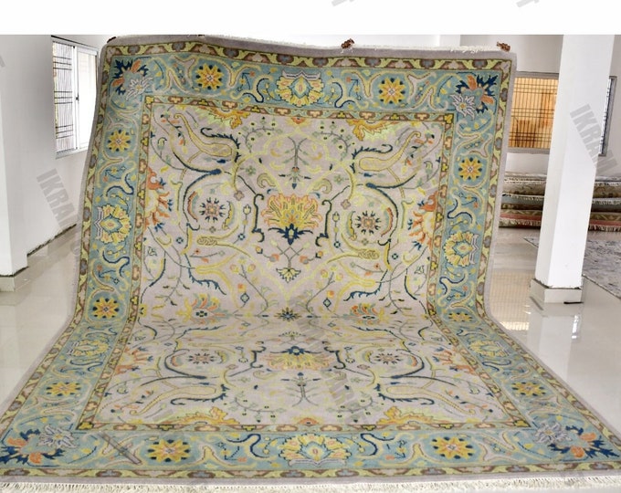 Oushak Rug Hand Knotted 8x10, 9x12, 10x14, Wool Traditional Blue and Ivory Vintage Antique Oushak Wool Area Rug, Living Room Rug