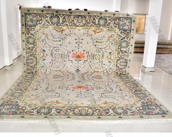 Oushak Rug Hand Knotted 8x10, 9x12, 10x14, Wool Traditional Blue and Ivory Vintage Antique Oushak Wool Area Rug, Living Room Rug