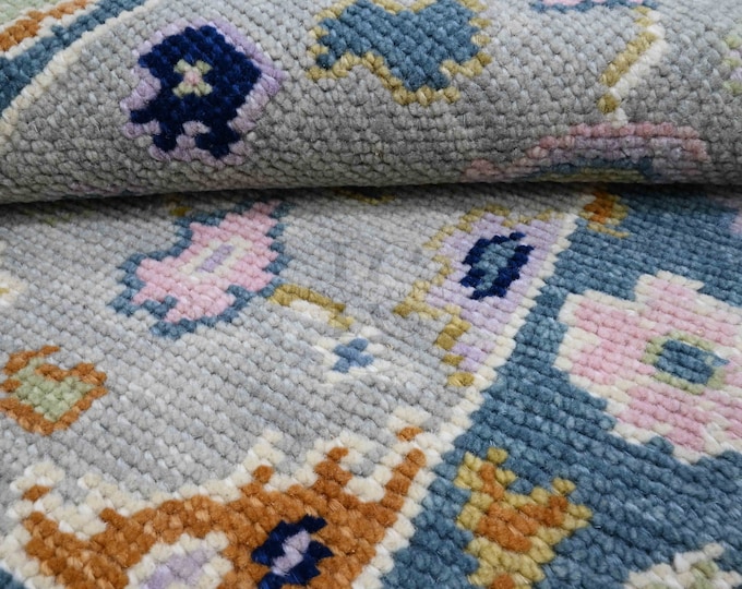 Sand Hand Knotted Wool Rug | Sky Blue Accent 9x12 Modern Oushak Rug |Handmade Farmhouse Oushak Rug  IKR@02