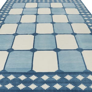Handmade Swedish Checkerboard Rug, Blue White Wool Area Rug, Scandinavian Flatweave Carpet, Nordic Geometric Rug, Modern Farmhouse Decor image 6