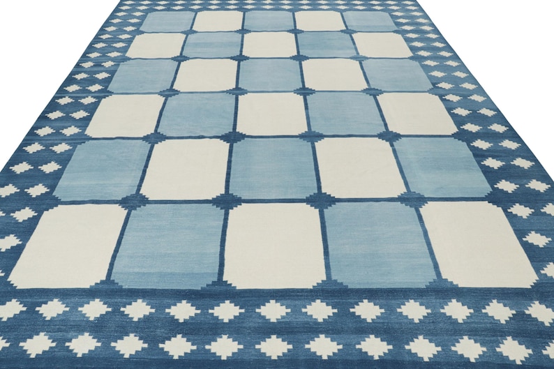 Handmade Swedish Checkerboard Rug, Blue White Wool Area Rug, Scandinavian Flatweave Carpet, Nordic Geometric Rug, Modern Farmhouse Decor image 6