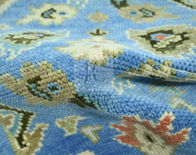 Oushak Rug Hand Knotted 8x10, 9x12, 10x14, Wool Traditional Blue and Ivory Vintage Antique Oushak Wool Area Rug, Living Room Rug