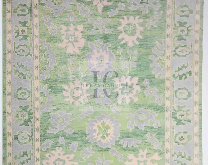 Light Green Dark Green Oushak Rug 8x10 9x12 10x14 – Hand-Knotted Turkish Wool Carpet | Custom New Zealand Wool Pastel Area Rug