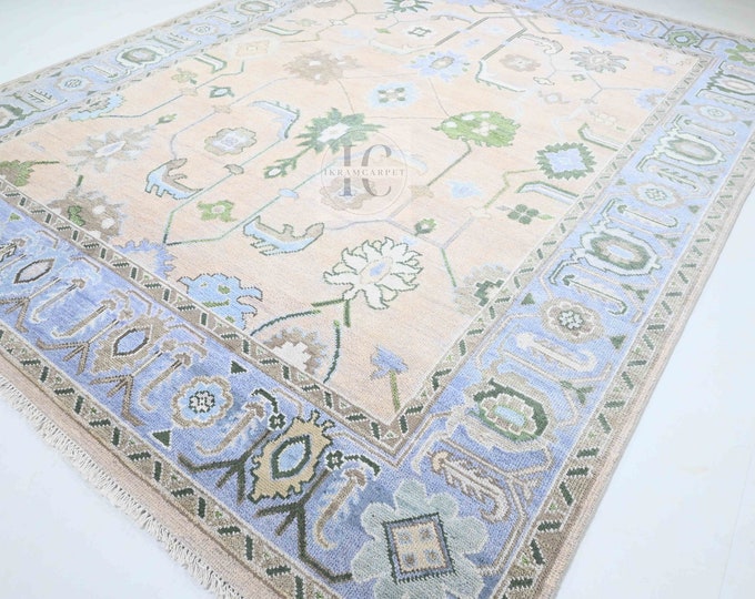 Oushak Rug Hand Knotted 8x10, 9x12, 10x14, Wool Traditional Blue and Ivory Vintage Antique Oushak Wool Area Rug, Living Room Rug