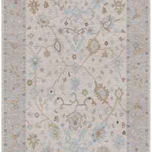 Oushak Rug Hand Knotted Ivory, Rust and Blue Antique Turkish Heriz Serapi Wool Rug, 5x8, 6x9, 8x10 and 9x12 Living Room Rug