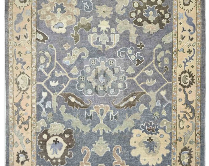 Oushak Rug Hand Knotted 8x10, 9x12, 10x14, Wool Traditional Blue and Ivory Vintage Antique Oushak Wool Area Rug, Living Room Rug