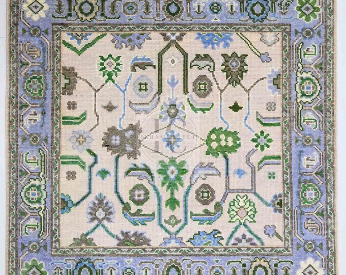 Oushak Rug Hand Knotted 8x10, 9x12, 10x14, Wool Traditional Blue and Ivory Vintage Antique Oushak Wool Area Rug, Living Room Rug